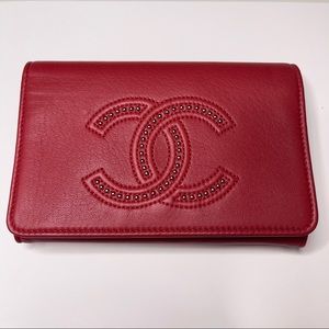 AUTHENTIC Chanel Red Leather Studded Bi-Fold Wallet.